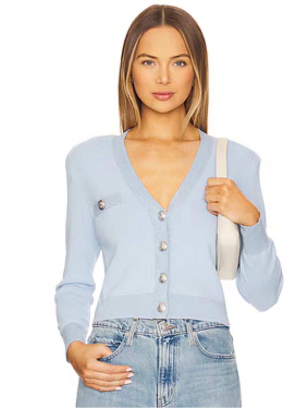 L’Agence Taya Light Blue V-Neck Button Cropped Cardigan Sweater size M